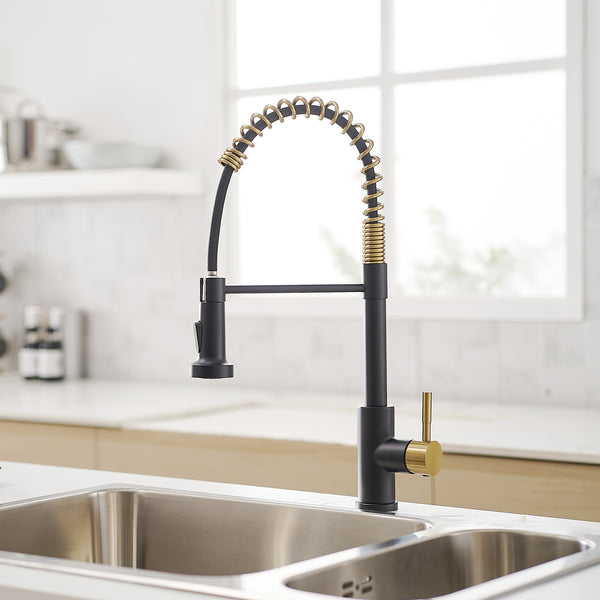Stainless Steel Single Handle Pull Down Sprayer Kitchen Faucet with Water Supply Hoses in Matte Black with Brushed Gold
