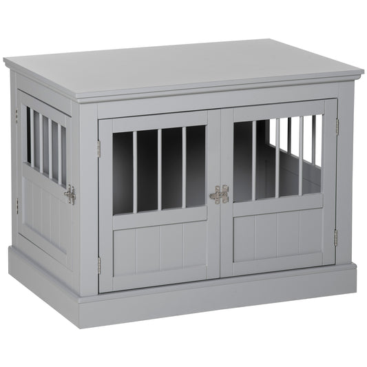 Dog Crate End Table with Triple Doors Wooden Dog Crate Furniture Indoor Use Puppy Crate with and Steel Tubes for Small Dogs Pewter Gray