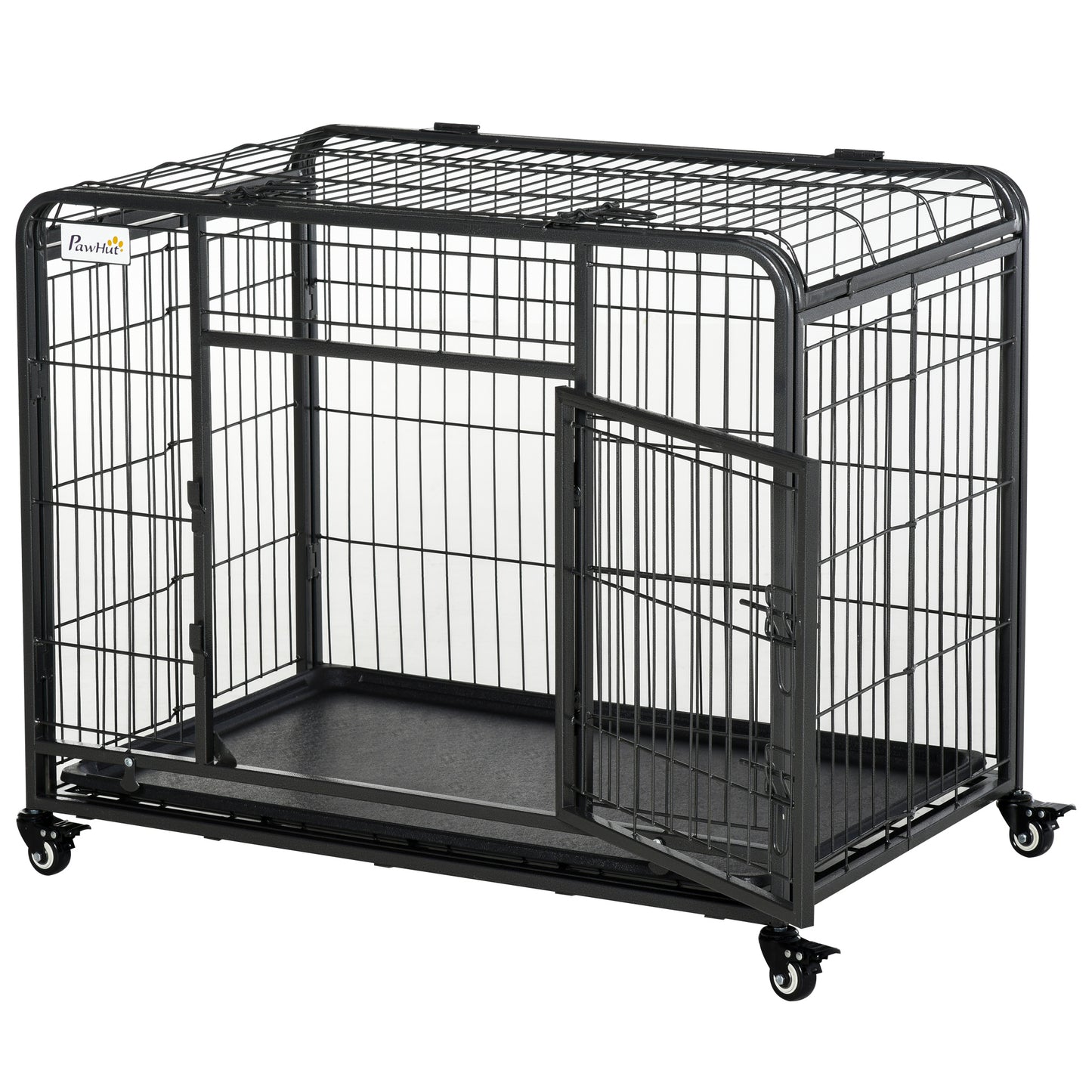 Folding Design Heavy Duty Metal Dog Cage Crate & Kennel with Removable Tray and Cover, & 4 Locking Wheels, Indoor/Outdoor 37inches