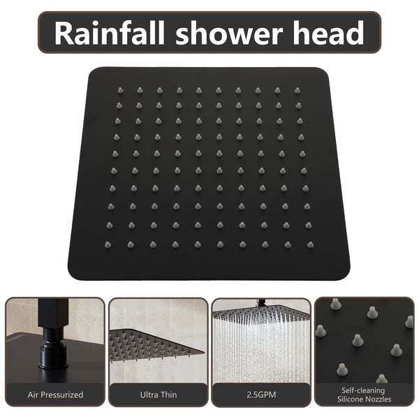 1-Spray Pattern with 2.5 GPM 10 in. Wall Mount Rain Square Fixed Shower Head in Matte Black