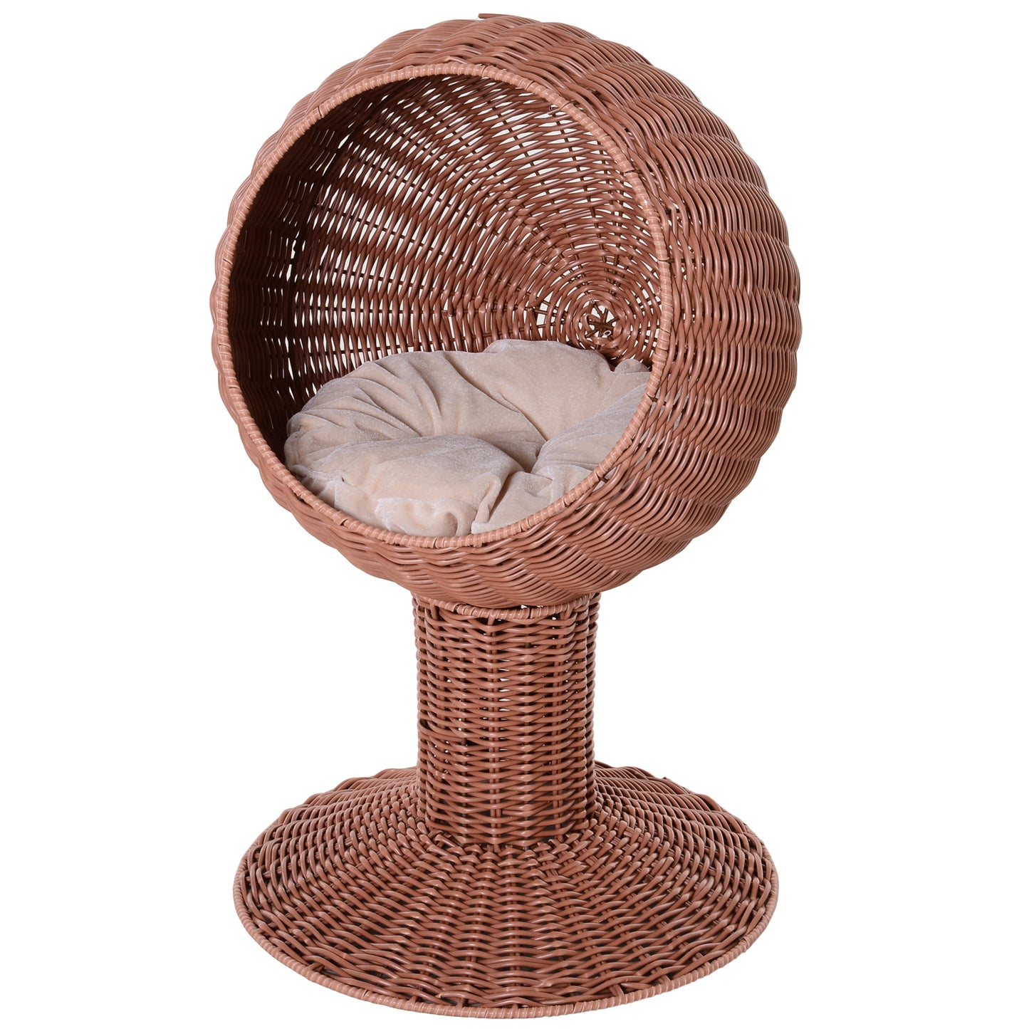 Elevated Cat Bed with Rotatable Egg Chair Pod Cat Basket Bed with Thick Cushion Natural Mat Grass Woven Kitty House Brown