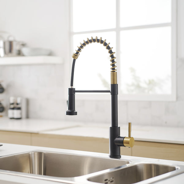 Stainless Steel Single Handle Pull Down Sprayer Kitchen Faucet with Water Supply Hoses in Matte Black with Brushed Gold