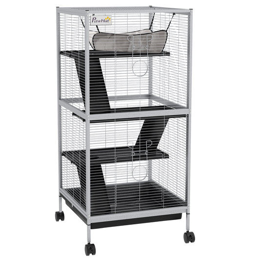 Metal Small Animal Cage Rolling Big Ferret Cage, Chinchilla Cage, Sugar Glider Cage, with Hammock & 4 Tiers, Removable Tray, White