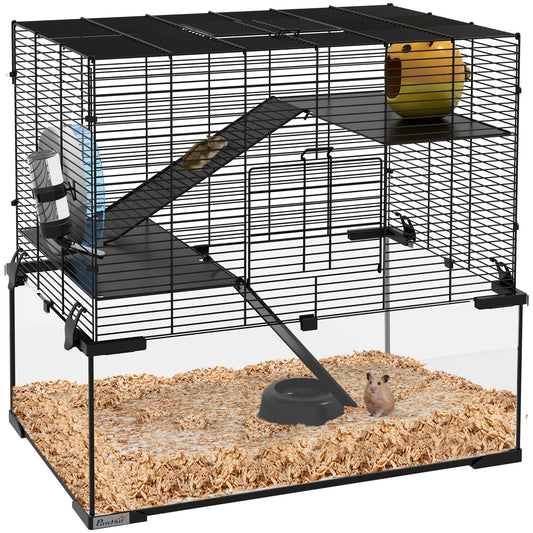 Hamster Cage, 23.5inches Gerbil Cage with Glass Basin, Ramps, Platforms, Hut, Exercise Wheel, for Small Hamsters, Black