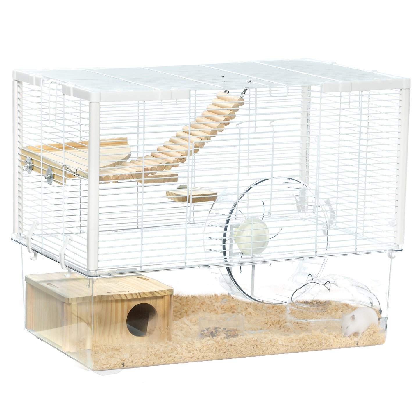 Hamster Cage Transparent Gerbil Cage for Hamsters and Gerbils with Deep Bottom Wooden Ramp Hut Bathroom and Exercise Wheel 23.25inches x 14inches x 18.5inches White