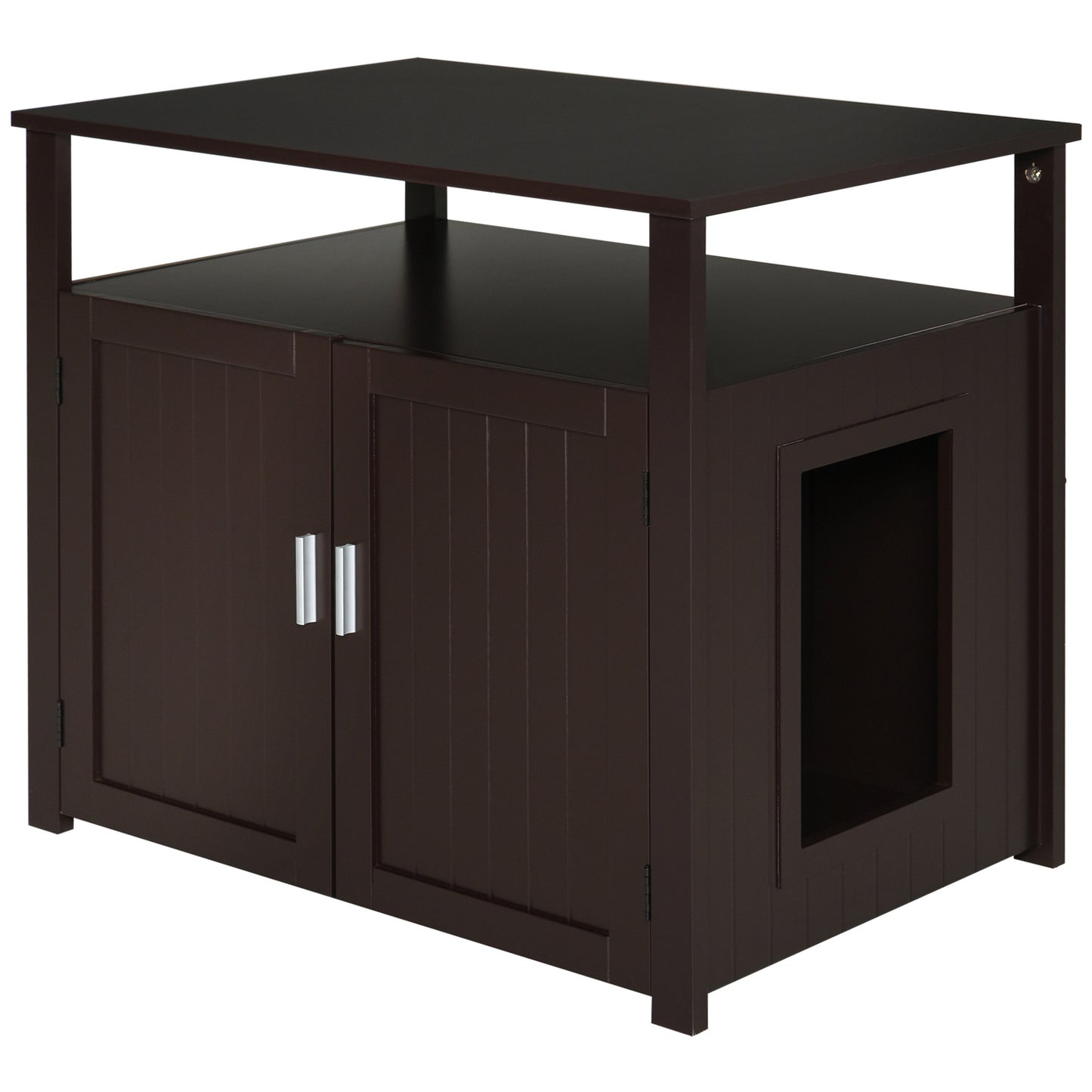 Wooden Cat Litter Box Enclosure Furniture with Adjustable Partition Cat Washroom End Table with Open Shelf Brown