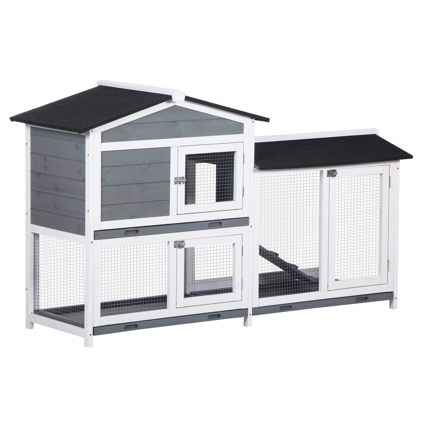 62inches Rabbit Hutch Wooden Bunny Hutch Guinea Pig Cage Small Animal Enclosure with Run Area Removable Tray Asphalt Roof Lockable Doors and Ramp Gray