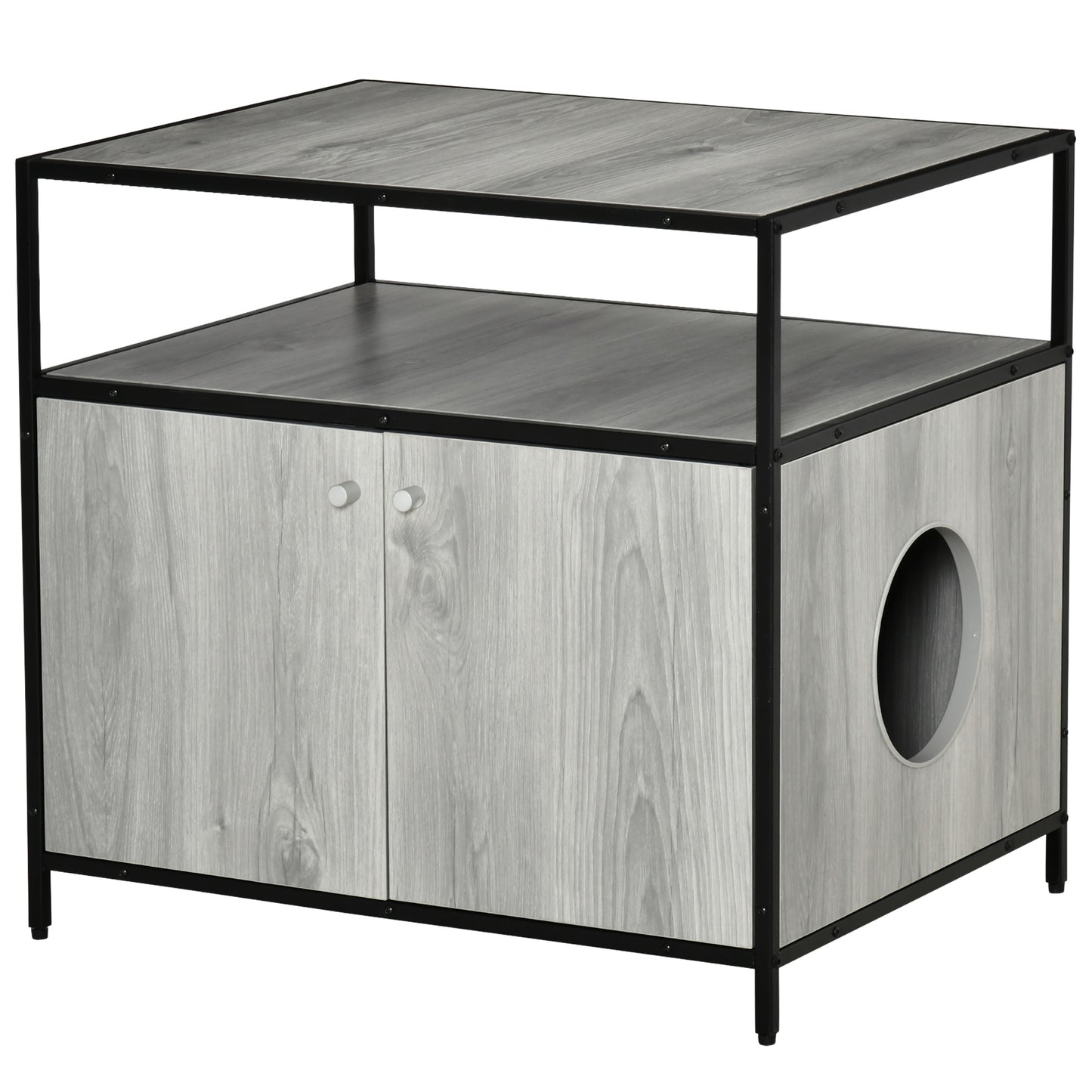 Wooden Cat Litter Box Enclosure Hidden Kitten Washroom Indoor End Table with Magnetic Doors & Storage Shelves Gray