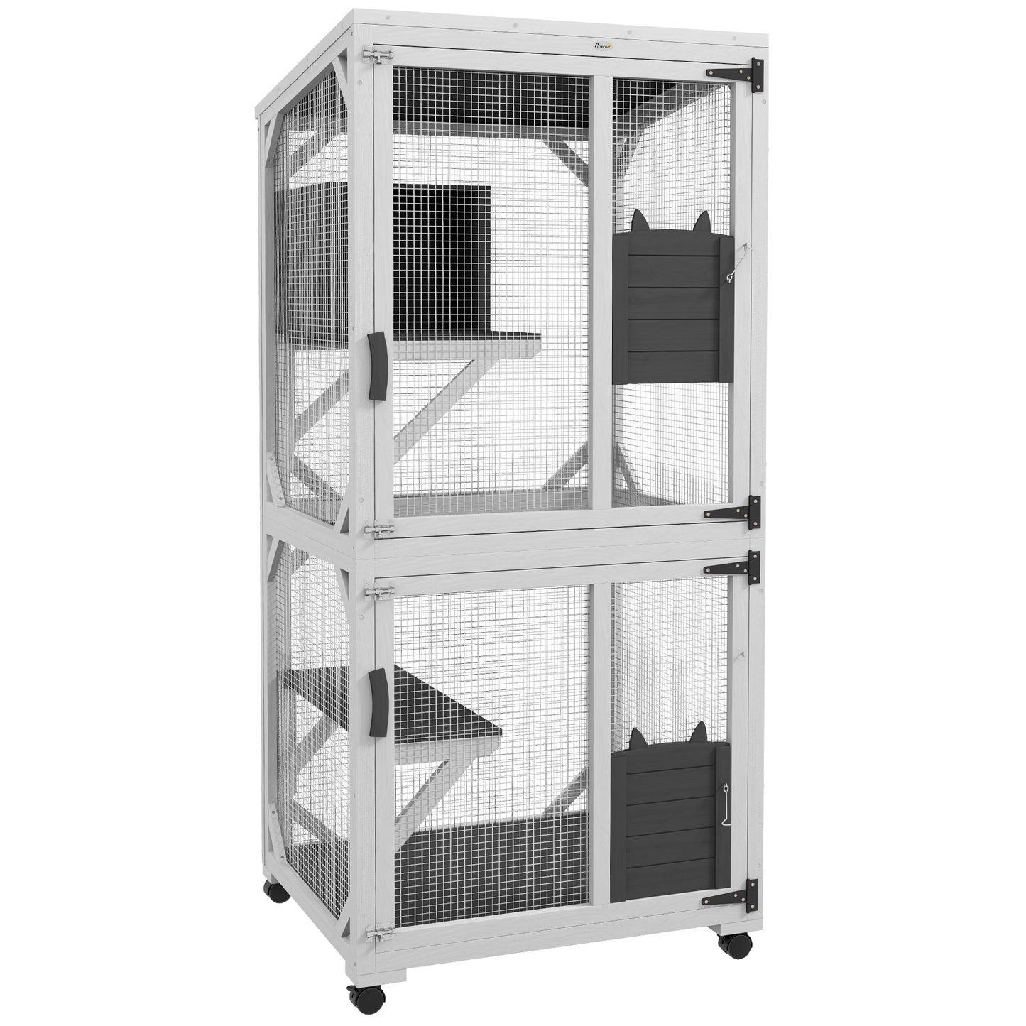 Wooden Catio with Waterproof Roof Large Cat House with High-Up Resting Box Indoor & Outdoor Cat Enclosure with Wheels for 1-3 Cats White