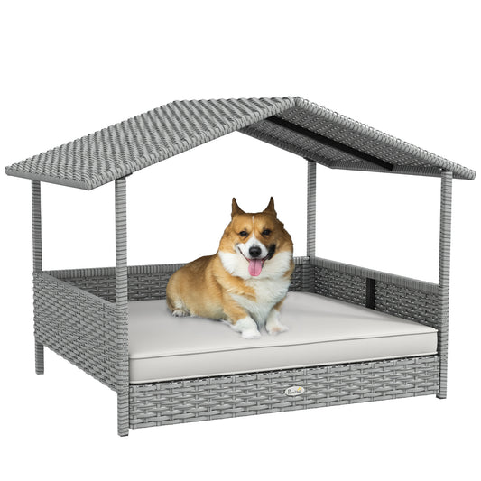 Wicker Dog House Outdoor with Canopy Rattan Dog Bed with Water-resistant Cushion for Small and Medium Dogs Cream White