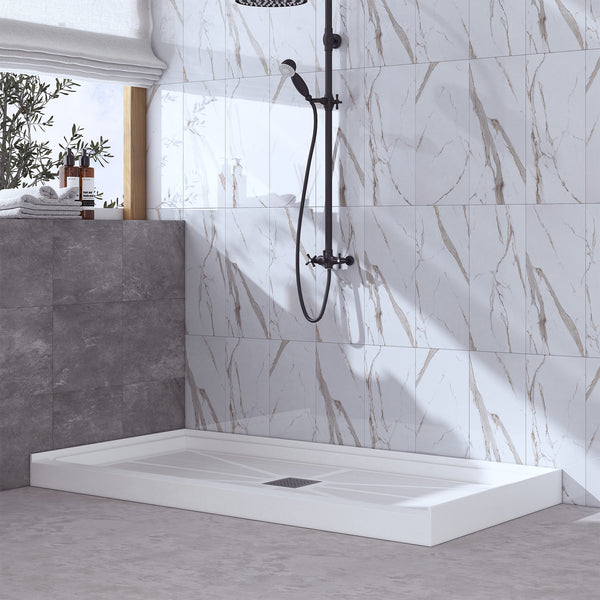 48 in. x 36 in / 60 in x 30 in Composite Alcove Shower Pan Base with Stainless Steel Cover and Center Drain in White
