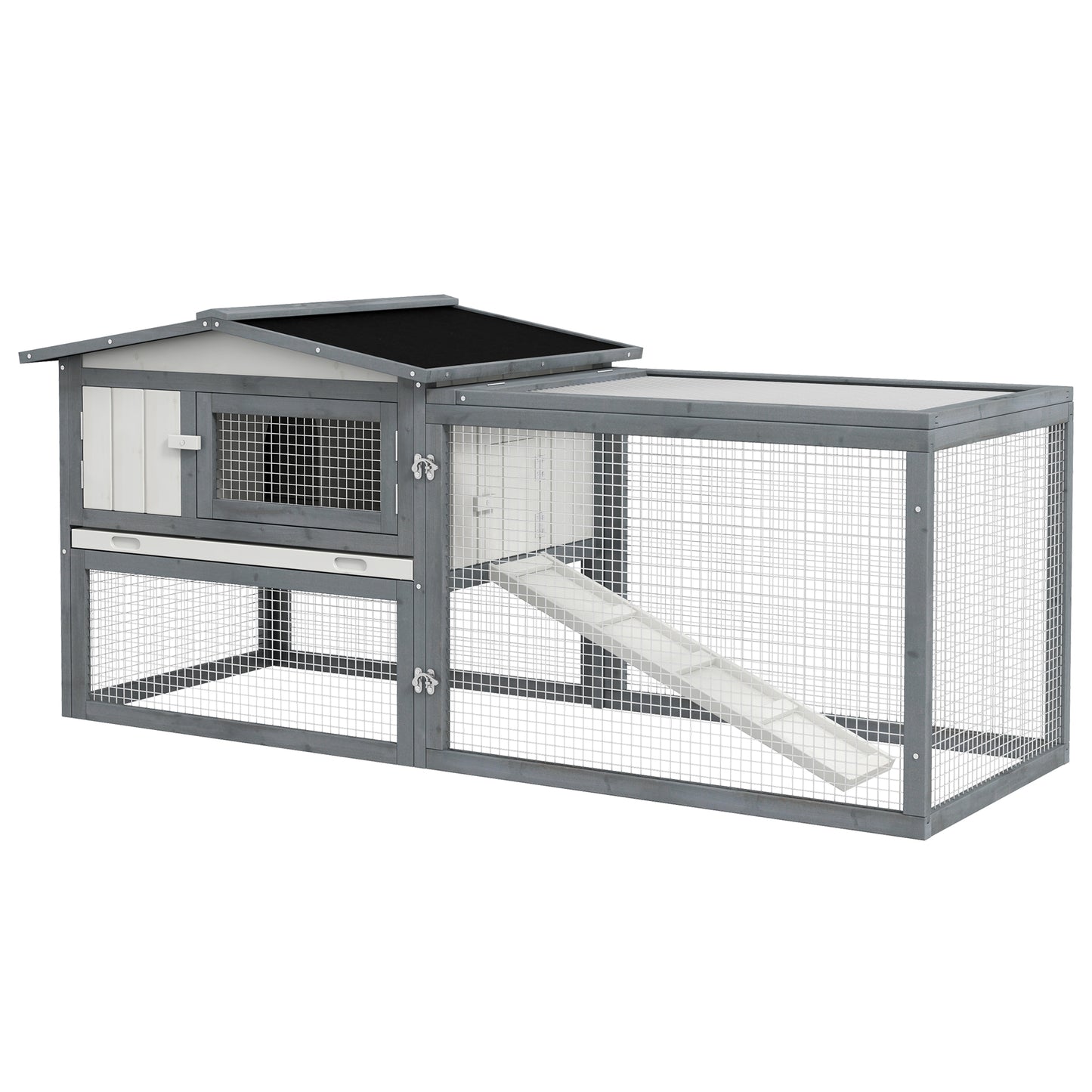 Large Rabbit Hutch Outdoor 2-Tier 61inches L Rabbit Cage with Run Feeding Trough Wooden Guinea Pig Hutch with Removable Tray Ramp Asphalt Roof for 1-2 Rabbits White