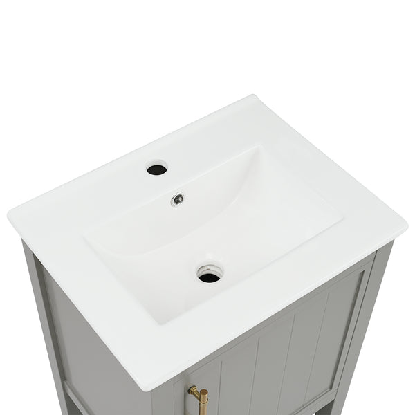 20" Bathroom Vanity with Sink, Bathroom Cabinet with Soft Closing Door, Storage Rack and Open Shelf, Grey/White