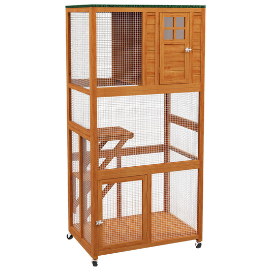 74inches Wooden Outdoor Cat House Weatherproof & Wheeled Catio Outdoor Cat Enclosure with High Weight Capacity Kitten Cage Condo Orange