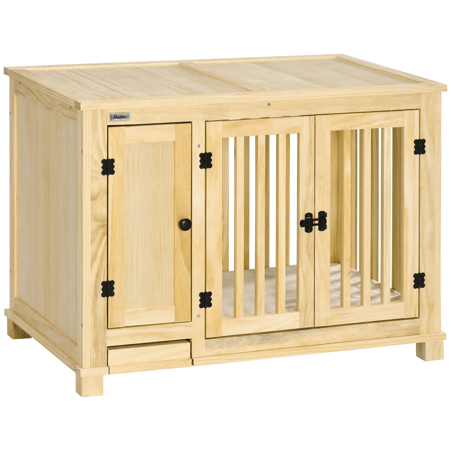 Wood Dog Crate Furniture with Hidden Food Bowl in Drawer Dog Crate End Table with Cushion Double Doors for Small Dogs Indoor Use Natural