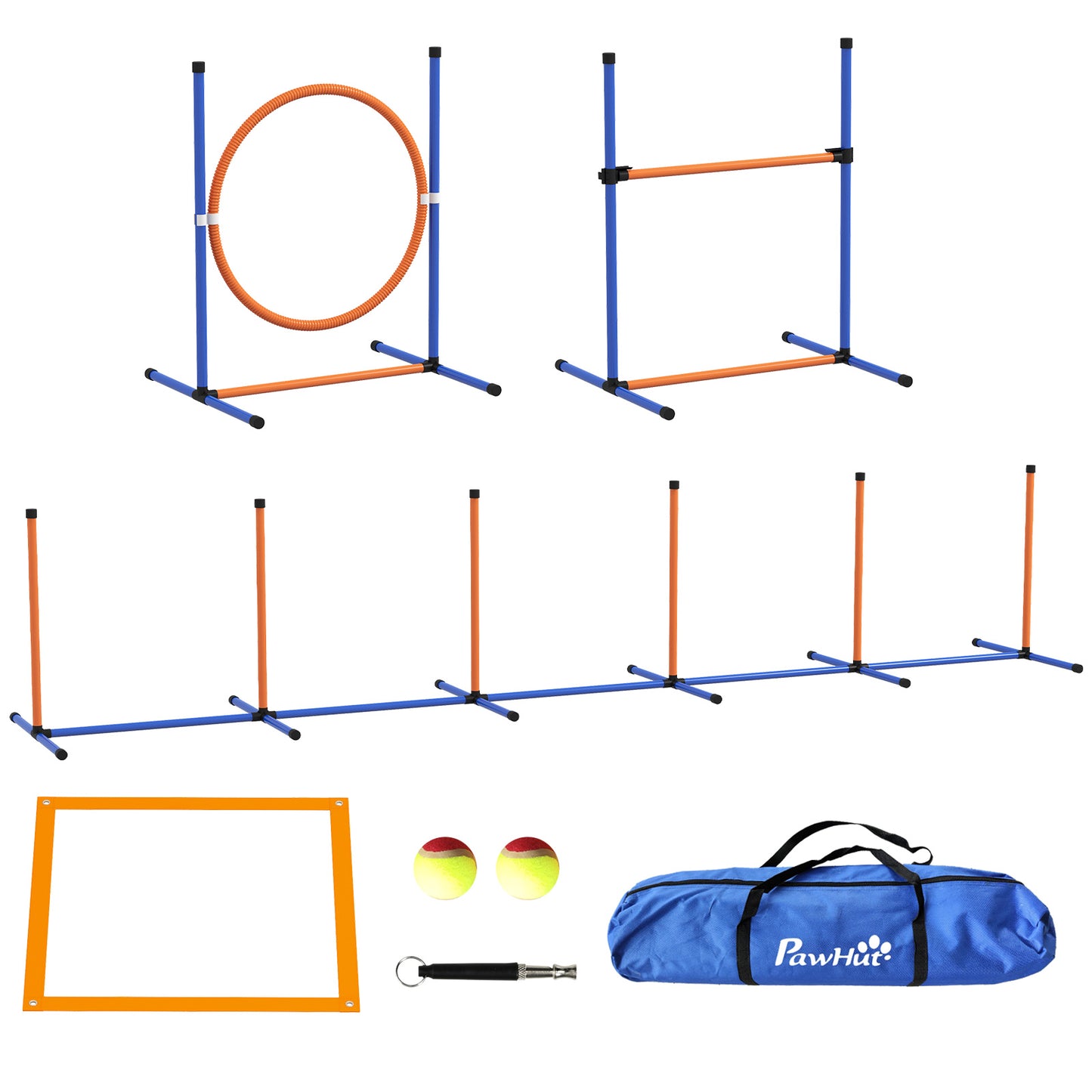 4 Pieces Dog Agility Training Equipment Dog Obstacle Course Starter Kit Pet Outdoor Games with Weave Poles Adjustable Hurdle Jumping Ring Pause Box Whistle Toy Balls for Backyard Orange