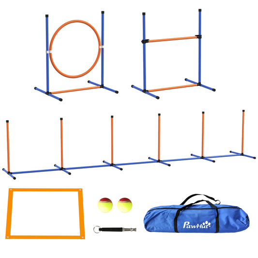 4 Pieces Dog Agility Training Equipment Dog Obstacle Course Starter Kit Pet Outdoor Games with Weave Poles Adjustable Hurdle Jumping Ring Pause Box Whistle Toy Balls for Backyard Orange