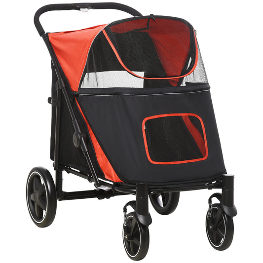 One-Click Foldable Doggy Stroller for Medium Large Dogs, Pet Stroller with Storage, Smooth Ride with Shock Absorption, Mesh Window, Safety Leash, Big Dog Walking Stroller, Red