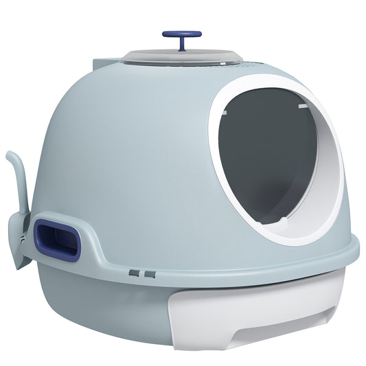 Covered Litter Box, Litter Box with a Lid, Scoop Enclosed Drawer & Skylight for Cats That's Easy to Clean, Blue