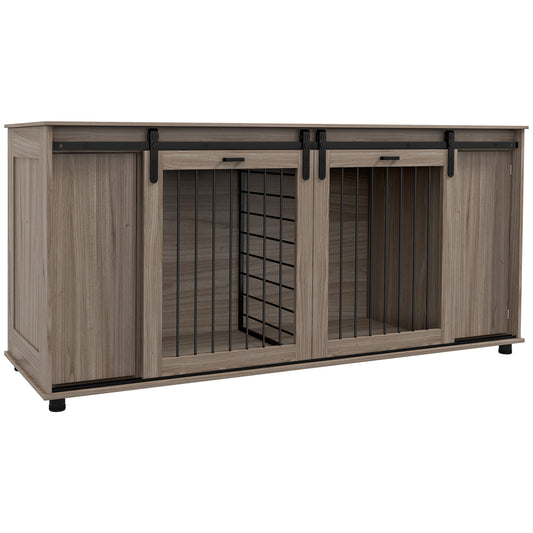 Dog Crate Furniture with Removable Divider for 2 Small Dogs or 1 Large Dog, 71inches Modern Dog Kennel Furniture End Table with Storage, Double Doors, Walnut