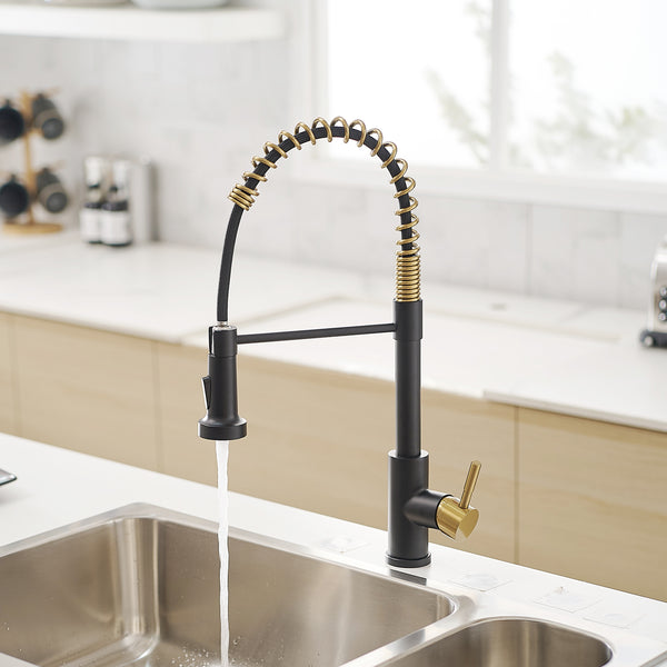 Stainless Steel Single Handle Pull Down Sprayer Kitchen Faucet with Water Supply Hoses in Matte Black with Brushed Gold