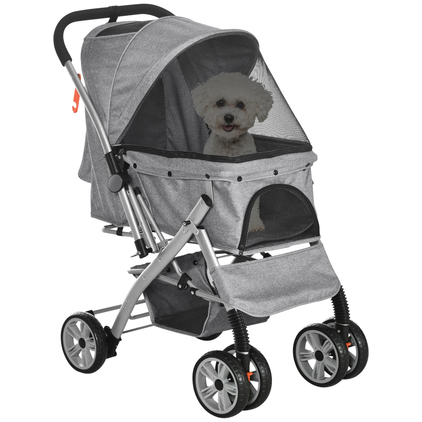 Travel Pet Stroller for Dogs Cats One-Click Fold Jogger Pushchair with Swivel Wheels Braket Basket Storage Safety Belts Adjustable Canopy Zippered Mesh Window Door Grey