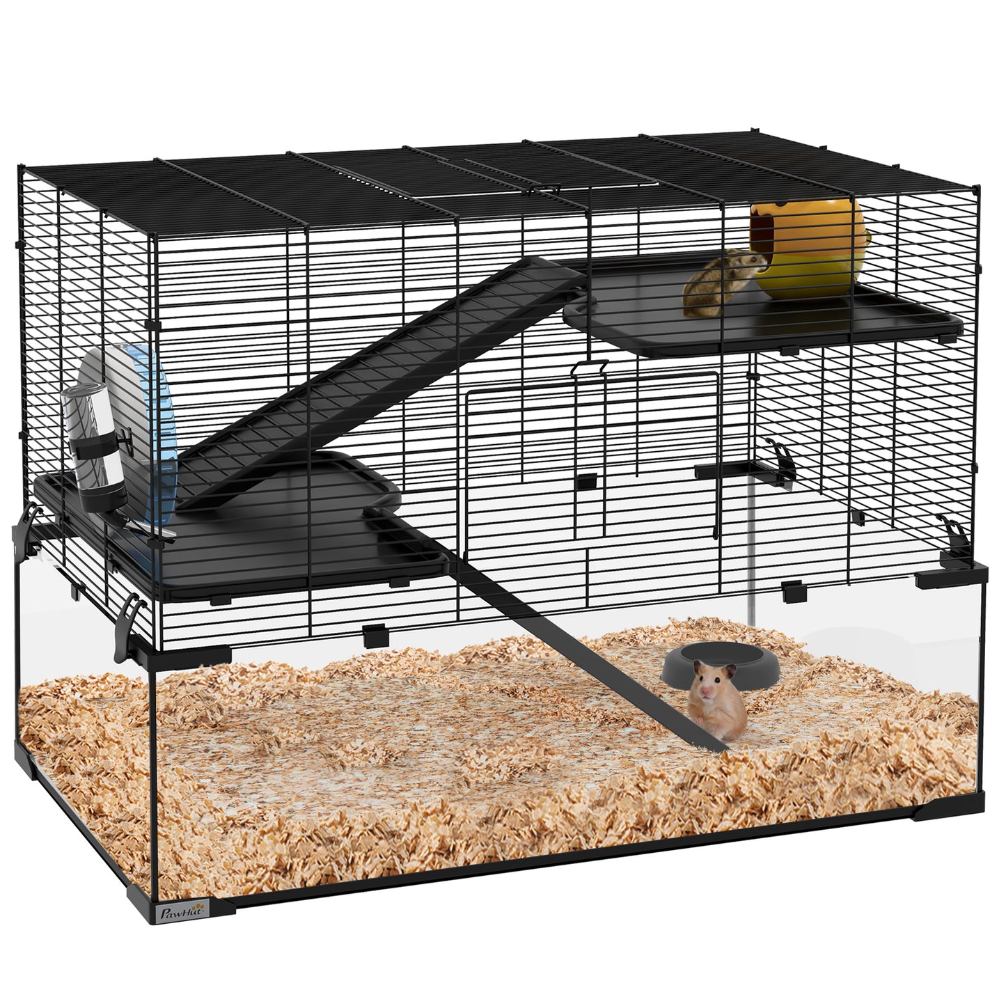 Hamster Cage 31inches Gerbil Cage with Glass Basin Ramps Platforms Hut Exercise Wheel for Small Hamsters Black