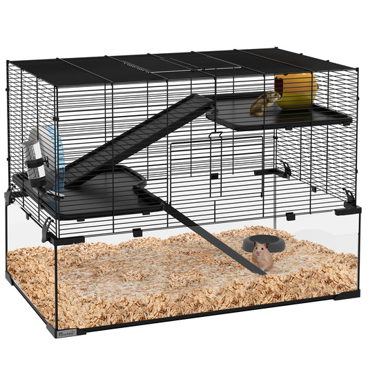 Hamster Cage 31inches Gerbil Cage with Glass Basin Ramps Platforms Hut Exercise Wheel for Small Hamsters Black