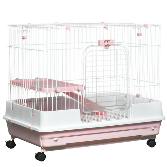 2-Level Small Animal Cage Rabbit Hutch with Wheels, Removable Tray, Platform and Ramp for Bunny, Chinchillas, Ferret, Pink