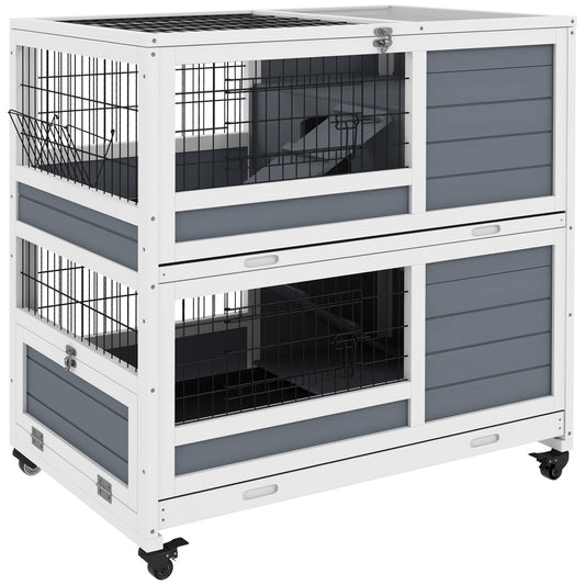 Indoor Rabbit Hutch with Wheels, 2-Tier Rabbit Cage, 35.5inches Wooden Guinea Pig Cage with Feeding Trough, Removable Trays, Ramps & Openable Top for 1-2 Rabbits, Gray