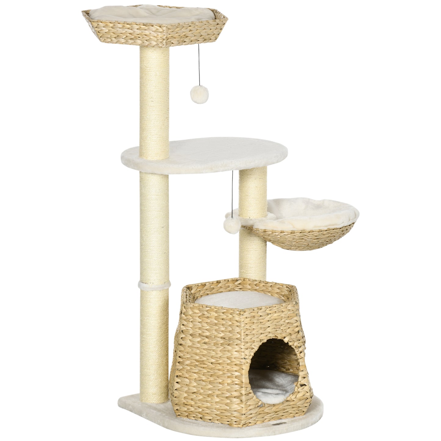 47inches Cat Tree Kitty Activity Center, Cat Climbing Toy with Cattail Fluff, Bed, Condo, Sisal Scratching Post, and Hanging Ball, Natural