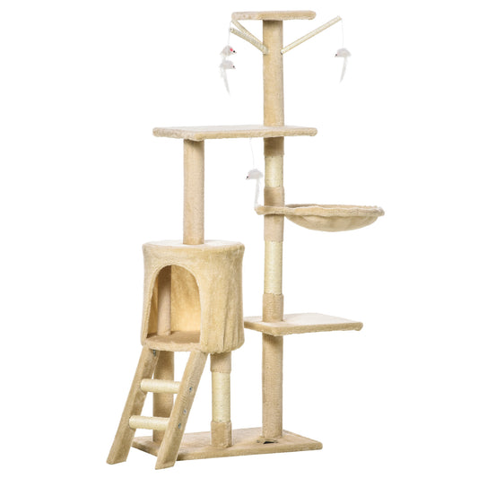 53inches Plush Sturdy Interactive Cat Condo Tower Scratching Post Activity Tree House - Beige