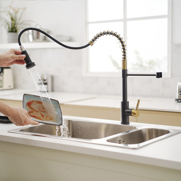 Stainless Steel Single Handle Pull Down Sprayer Kitchen Faucet with Water Supply Hoses in Matte Black with Brushed Gold