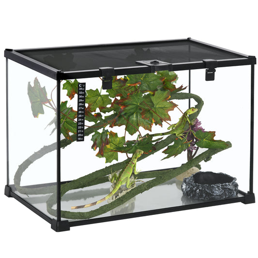 14 Gallon Reptile Glass Terrarium Tank with Decor Kit, Breeding Box Full View with Visually Appealing Sliding Screen Top for Lizards, Frogs, Snakes, Spiders, 20inches x 12inches x 14inches, Black