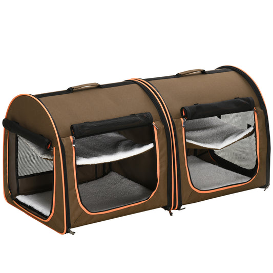 39inches Portable Soft-Sided Pet Cat Carrier with Divider, Two Compartments, Soft Cushions, & Storage Bag, Brown