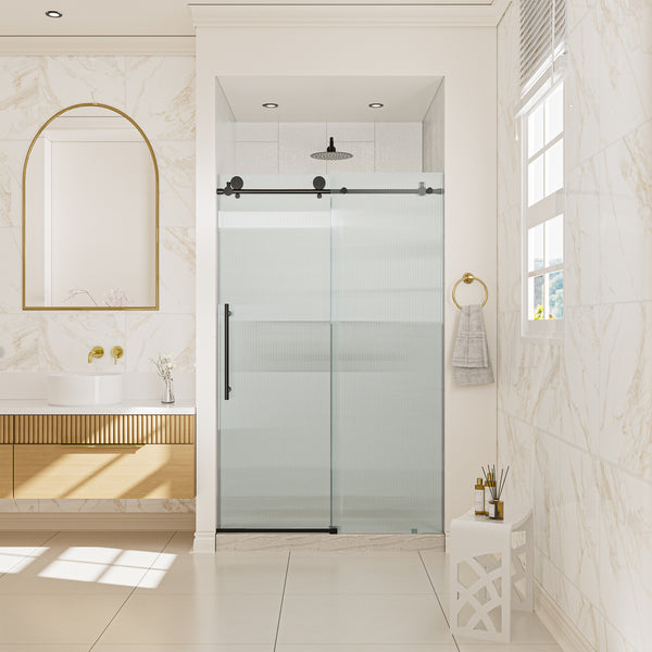 48 in. W x 76 in. H Frameless Sliding Shower Door in Matte Black/Brushed Nickel with Fluted Tempered Glass, Rust-Resistant Hardware