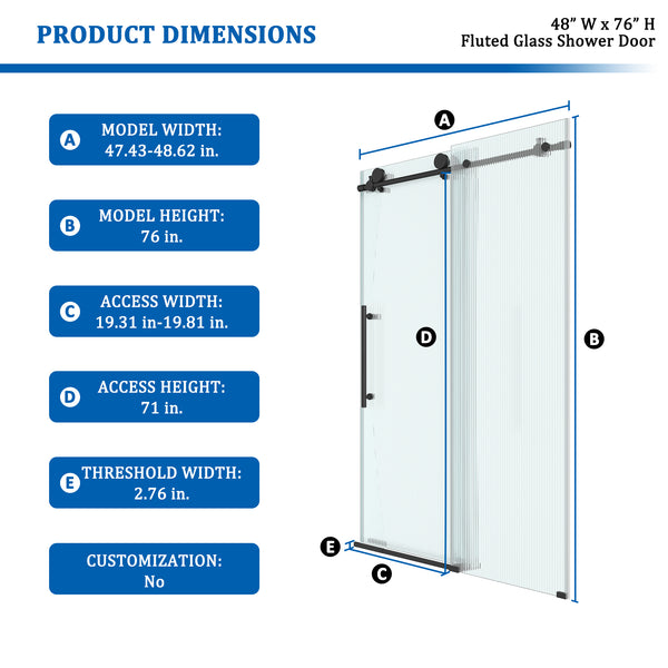 48 in. W x 76 in. H Frameless Sliding Shower Door in Matte Black/Brushed Nickel with Fluted Tempered Glass, Rust-Resistant Hardware