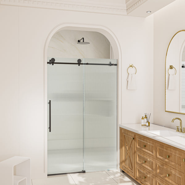 48 in. W x 76 in. H Frameless Sliding Shower Door in Matte Black/Brushed Nickel with Fluted Tempered Glass, Rust-Resistant Hardware