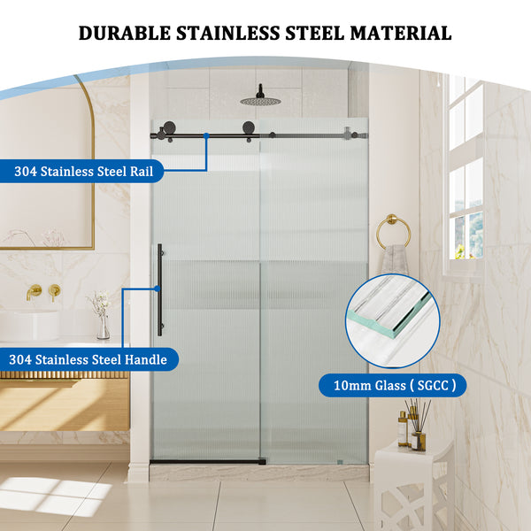 48 in. W x 76 in. H Frameless Sliding Shower Door in Matte Black/Brushed Nickel with Fluted Tempered Glass, Rust-Resistant Hardware