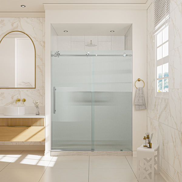 48 in. W x 76 in. H Frameless Sliding Shower Door in Matte Black/Brushed Nickel with Fluted Tempered Glass, Rust-Resistant Hardware