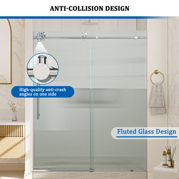 48 in. W x 76 in. H Frameless Sliding Shower Door in Matte Black/Brushed Nickel with Fluted Tempered Glass, Rust-Resistant Hardware