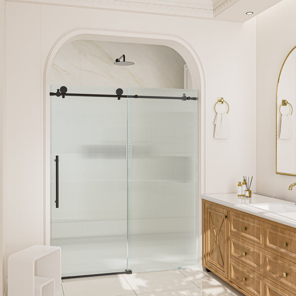 60 in. W x 76 in. H Frameless Sliding Shower Door in Matte Black with 10mm Fluted Tempered Glass, Left Opening