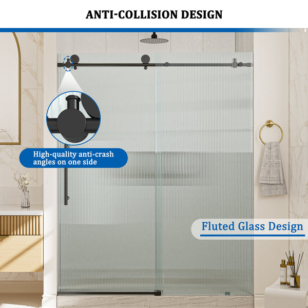 60 in. W x 76 in. H Frameless Sliding Shower Door in Matte Black with 10mm Fluted Tempered Glass, Left Opening