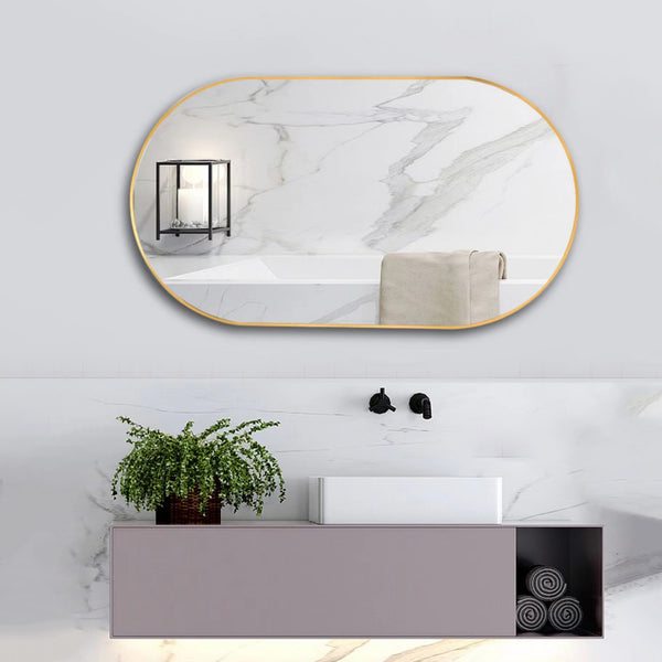 18 in. W x 36 in. H Oval Stainless Steel Framed Wall Bathroom Vanity Mirror in Matte Black/Brushed Gold