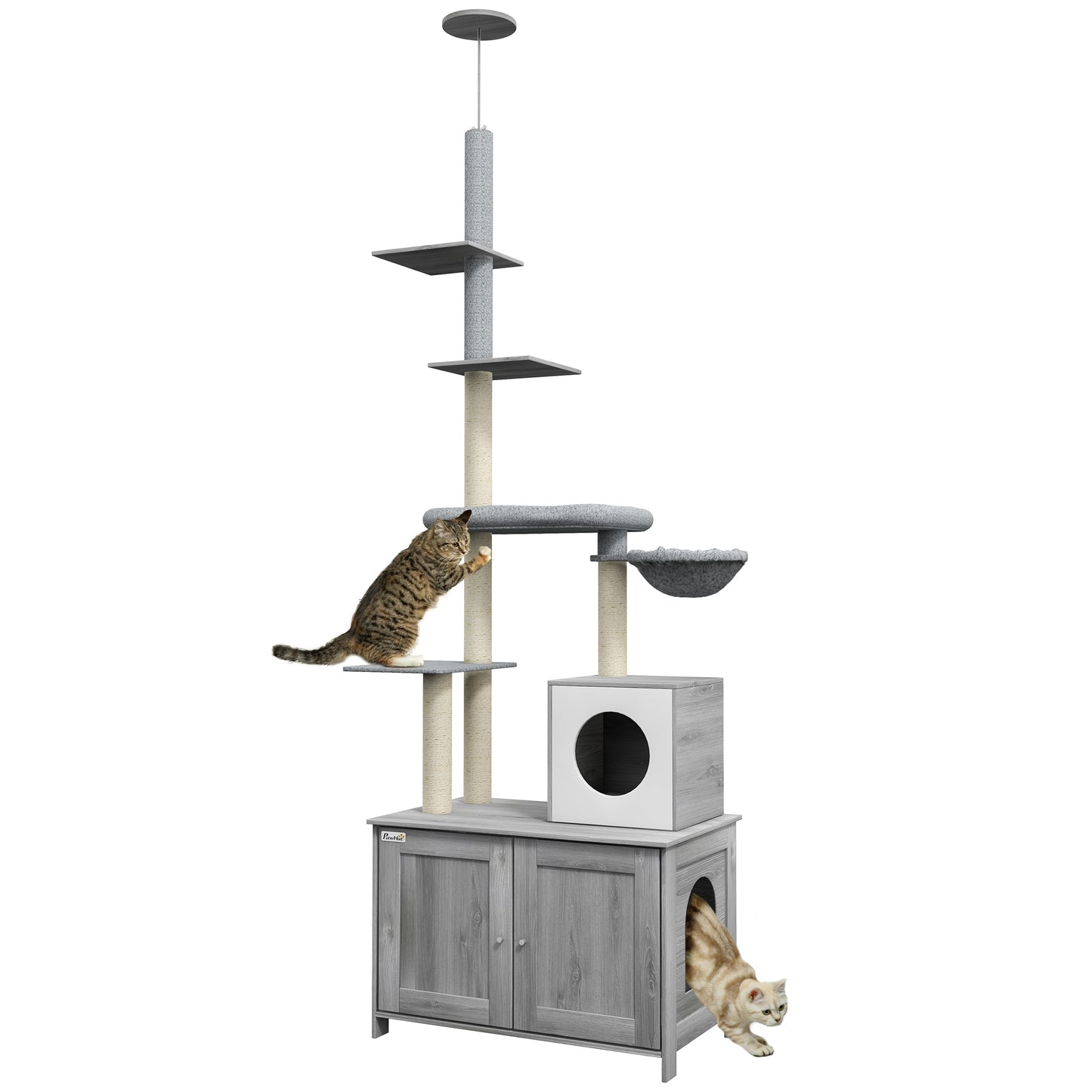 Cat Tree with Litter Box Enclosure, 2 in 1 Floor to Ceiling Cat Tower Litter Box Furniture with Condo, Bed, Hammock, Scratching Posts, and Platforms for Indoor Use, Gray