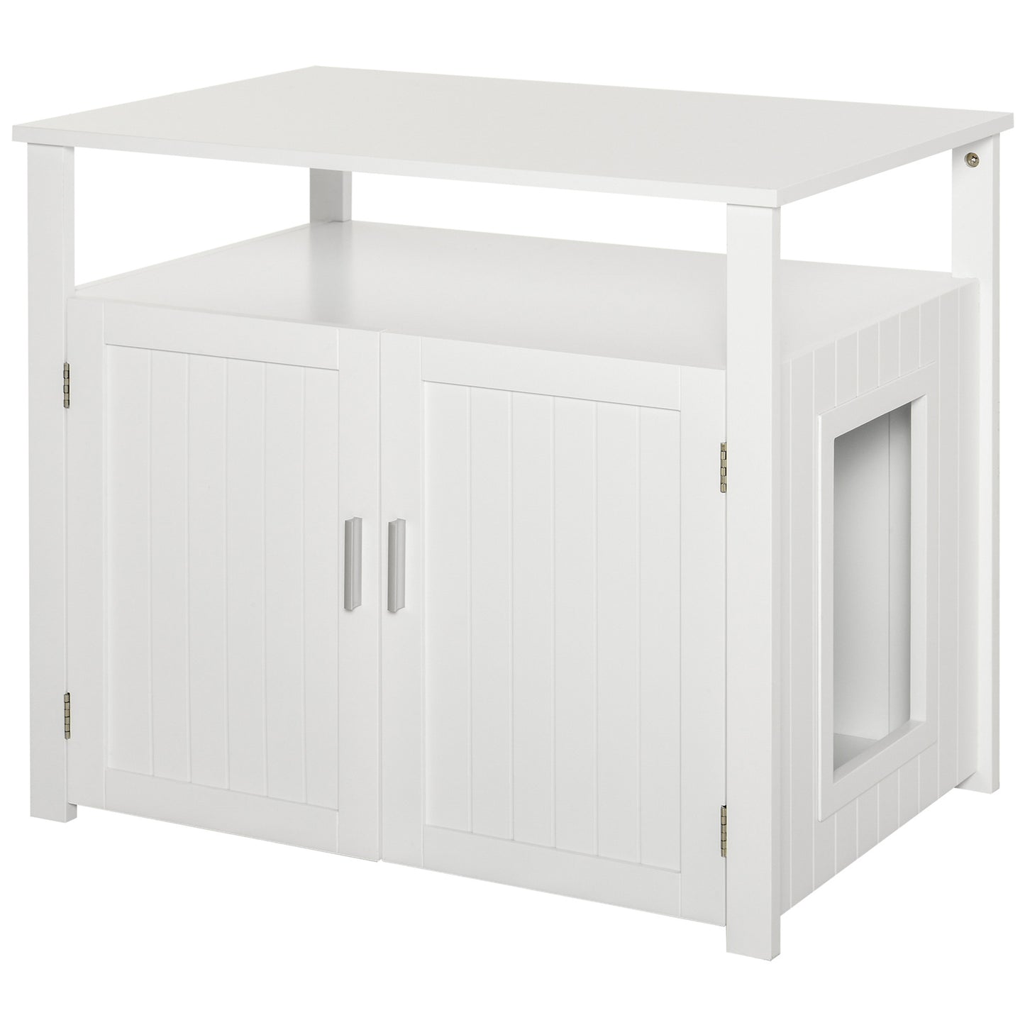 Wooden Cat Litter Box Enclosure Furniture with Adjustable Partition Cat Washroom End Table with Open Shelf White