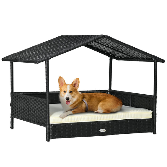 Wicker Dog House Outdoor with Canopy Rattan Dog Bed with Water-resistant Cushion for Small and Medium Dogs Cream White