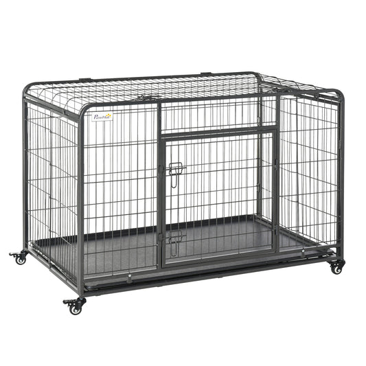 Folding Design Heavy Duty Metal Dog Cage Crate & Kennel with Removable Tray and Cover, & 4 Locking Wheels, Indoor/Outdoor 49inches