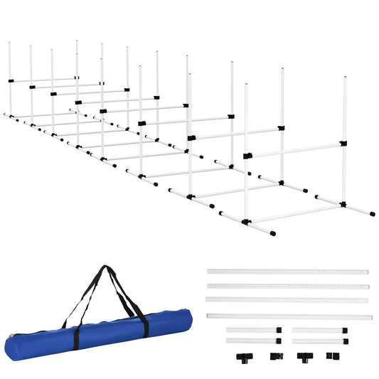 8 Piece Dog Agility Training Equipment for Dog Agility Course with Adjustable Height Jump Bars Included Carry Bag & Displacing Top Bar White