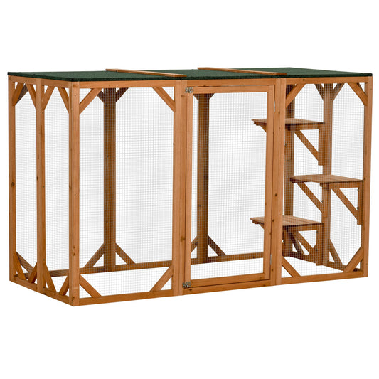 Outdoor Cat House Catio Wooden Feral Cat Shelter Cat Cage with Platforms Large Enter Door Weather Protection Asphalt Roof 71inches L Orange